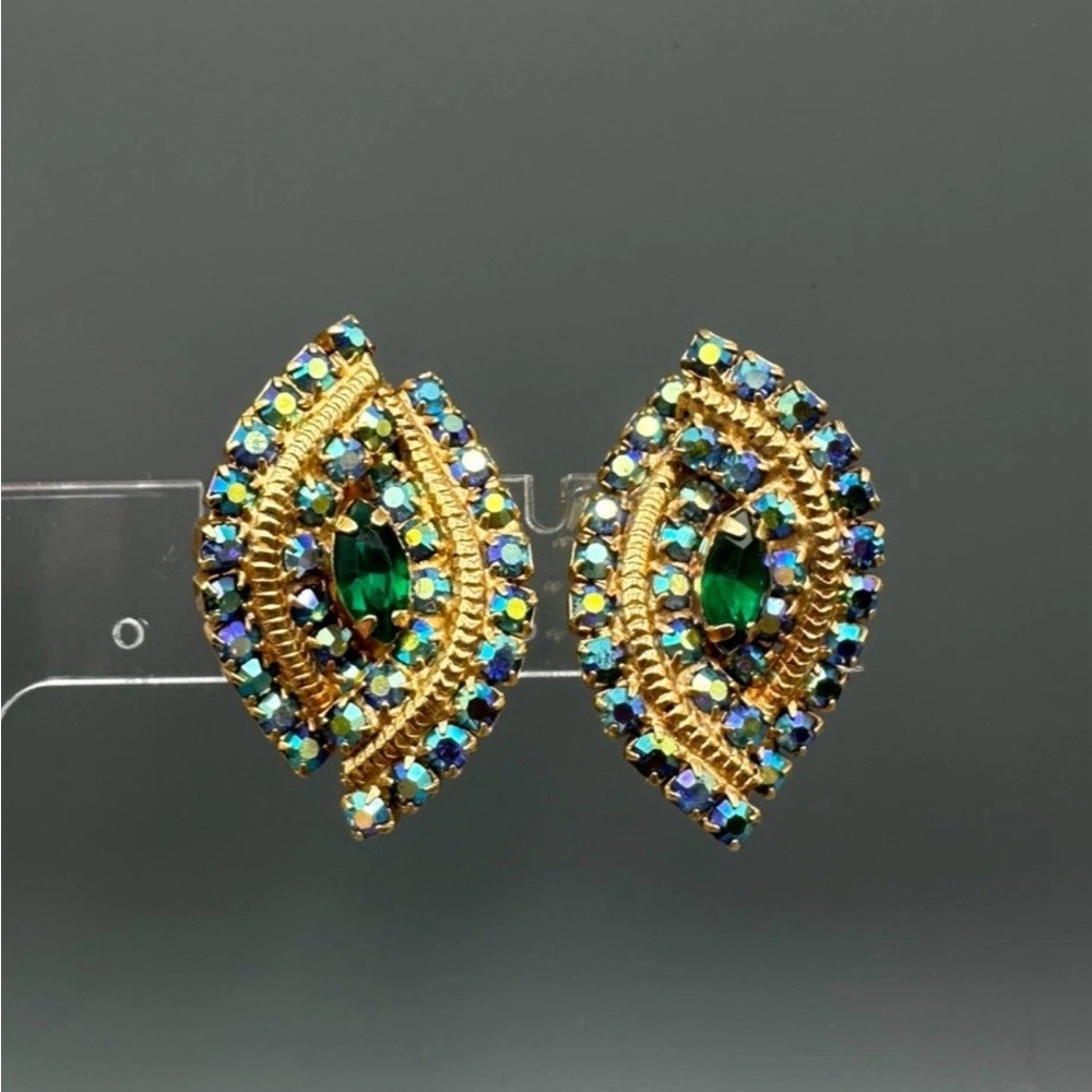 VTG Signed ALICE CAVINESS Blue AB Green Rhinestone Clip Earrings Gold Tone